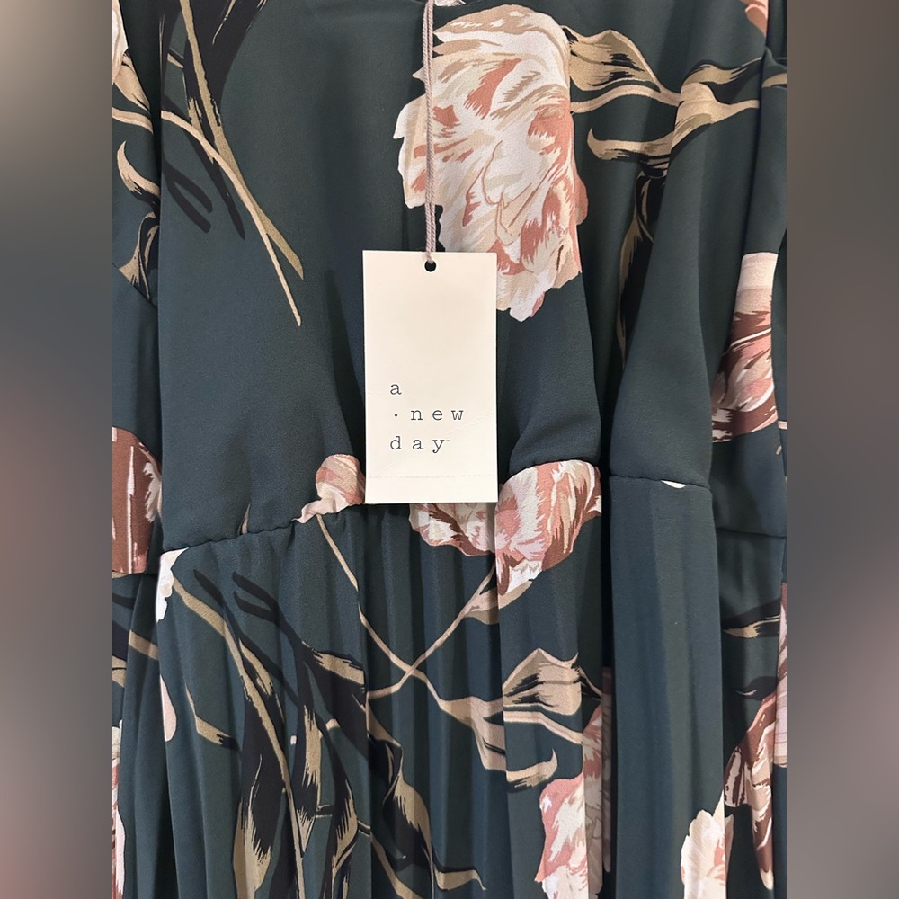 A New Day Dark Green Floral Pleated Midi Dress with Pink Blooms Small NWT - Picture 5 of 6